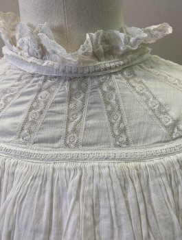 Childrens, Dress 1890s-1910s, N/L, White, Cotton, Solid, W:22, C:23, Lightweight Cotton Batiste, Long Sleeves, Large Ruffle Around Shoulders with Lace Edge, High Neckline with Lace Ruffle, Bodice Attached to Underlayer, Button Closures in Back, **Mended Throughout