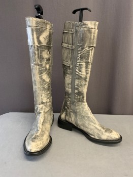 Womens, Boots, DKNY, Gray, Cream, Leather, Mottled, 7, Low Heel, Knee High, Cool Rugged Scifi