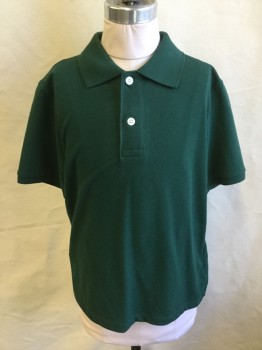 Childrens, Polo, CAT & JACK, Forest Green, Cotton, Solid, 12/14, Ribbed Knit Collar Attached, 2 Button Front, Short Sleeves,