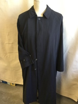 FOX 42, Black, Polyester, Viscose, Solid, Long Coat, Collar Attached, Single Breasted, Hidden Button Front, Raglan Long Sleeves with Short Strap & 2 Buttons, 2 Pockets, 1 Kick Pleat Center Back Hem 1 S Short Strap & 1 Button (MISSING DETACHABLE LINER)