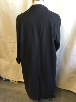 FOX 42, Black, Polyester, Viscose, Solid, Long Coat, Collar Attached, Single Breasted, Hidden Button Front, Raglan Long Sleeves with Short Strap & 2 Buttons, 2 Pockets, 1 Kick Pleat Center Back Hem 1 S Short Strap & 1 Button (MISSING DETACHABLE LINER)