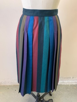 Womens, Skirt, LIZ CLAIBORNE, Multi-color, Black, Wool, Stripes - Vertical , W:26, 8, Gabardine, B.F., Rainbow Color Vertical Stripes Along Knife Pleats, Crevices of Pleats are Black, Btn  Tab Waistband, Hem At Knee