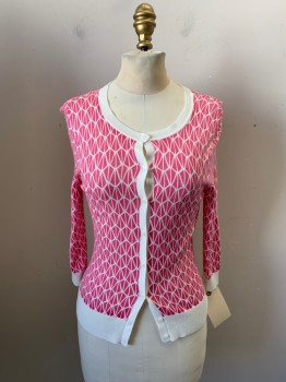 Womens, Sweater, HALOGEN, Pink, White, Cotton, Geometric, XS, Jewel Neck, 3/4 Sleeve