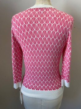 Womens, Sweater, HALOGEN, Pink, White, Cotton, Geometric, XS, Jewel Neck, 3/4 Sleeve