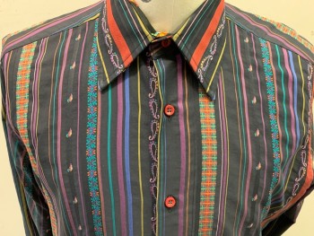 Mens, Casual Shirt, JOSEPHS CLOCK, Black, Plum Purple, Red Burgundy, Multi-color, Cotton, Novelty Pattern, Stripes - Vertical , 35, 15.5, Ducks, Floral, Geometrical & Paisley Multicolored Vertical Stripes, Long Sleeves, Button Front, Collar Attached,