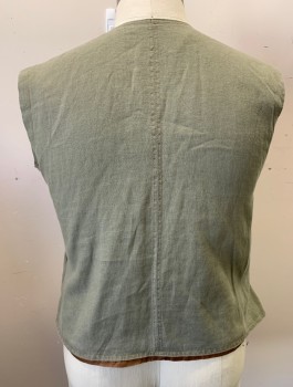 Mens, Vest, N/L, Mushroom-Gray, Linen, Solid, C <48, XL, Wrapped Surplice Front with 2 Self Ties at Side, V-neck, Asian Inspired, Brown Synthetic Lining