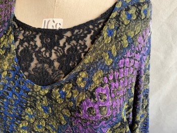 MIRASOL WOMAN, Purple, Olive Green, Black, Dk Blue, Acetate, Polyamide, Abstract , Diagonal Abstract Textured Pattern, Scoop Neck, 3/4 Sleeve, Solid Black Floral Lace Scoop Neck Under Panel, Stretch