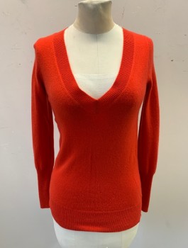 J CREW, Red, Cashmere, Solid, Knit, Deep V-neck, Long Sleeves