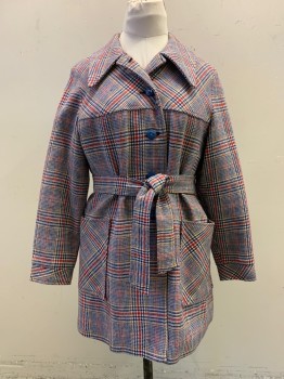 Womens, Coat, N/L, Navy Blue, White, Brown, Red, Wool, Plaid, B 38, Blue Button Front, Pointy Collar Attached, Yoke, 2 Large Patch Pockets, Long Sleeves, Button Cuffs, Belt Attached