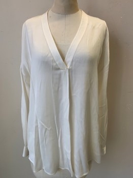 VINCE, Ivory White, Silk, Solid, Long Sleeves Button Cuffs, Pullover, V-neck,