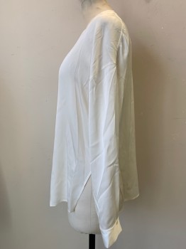 VINCE, Ivory White, Silk, Solid, Long Sleeves Button Cuffs, Pullover, V-neck,