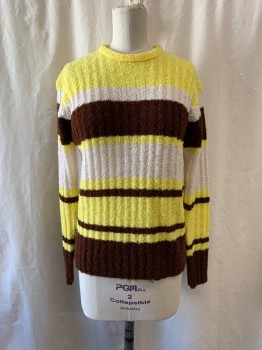 Womens, Sweater, NL, Yellow, White, Brown, Acrylic, Stripes - Horizontal , B: 34, Pullover, Crew Neck, Zip Back, Long Sleeves