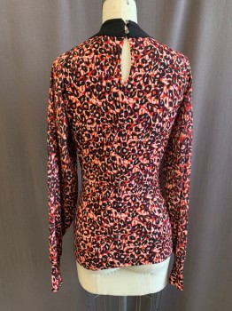 KAREN MILLEN, Red, Rose Pink, Black, Polyester, Cotton, Abstract , Animal Print, Abstract Animal Print, Stretch Body, Keyhole Front, Solid Black Collar, Keyhole Back with 2 Button Closure, Cutout Shoulders with Solid Black Shoulder Panels, Chiffon Same Print Sleeves with Stretch Cuffs