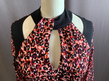 KAREN MILLEN, Red, Rose Pink, Black, Polyester, Cotton, Abstract , Animal Print, Abstract Animal Print, Stretch Body, Keyhole Front, Solid Black Collar, Keyhole Back with 2 Button Closure, Cutout Shoulders with Solid Black Shoulder Panels, Chiffon Same Print Sleeves with Stretch Cuffs