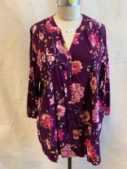 ST. JOHN'S BAY, Aubergine Purple, Pink, Fuchsia Pink, Green, Rayon, Floral, Button Front, V-neck, Ban Collar, Pintuck Pleats From Shoulders, Long Sleeves, Elastic Cuff