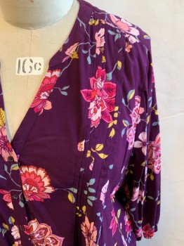 ST. JOHN'S BAY, Aubergine Purple, Pink, Fuchsia Pink, Green, Rayon, Floral, Button Front, V-neck, Ban Collar, Pintuck Pleats From Shoulders, Long Sleeves, Elastic Cuff