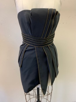 JOVANI, Black, Polyester, Strapless, Square Neckline, Large Pleat Front Waist to Neckline with Rolled Over Ends, Gold Zipper Details, Multi Layer Peplum on Waist