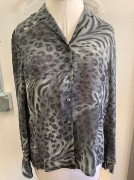 LIZ CLAIBORNE, Dk Gray, Lt Gray, Gray, Polyester, Animal Print, Long Sleeves, Button Front, Collar Attached, Leopard/tiger Pattern