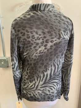 LIZ CLAIBORNE, Dk Gray, Lt Gray, Gray, Polyester, Animal Print, Long Sleeves, Button Front, Collar Attached, Leopard/tiger Pattern