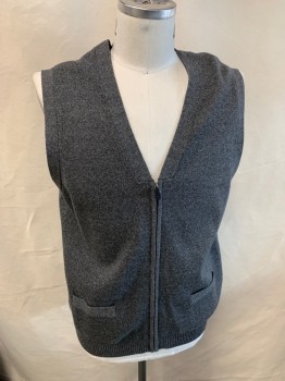 Mens, Sweater Vest, PERRY ELLIS, Dk Gray, Heather Gray, Cotton, Solid, Heathered, XL, Zip Front, 2 Welt Pocket, Ribbed Waistband, **Discoloration Underarm*