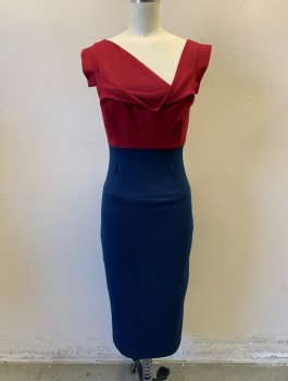 BLACK HALO, Maroon Red, Navy Blue, Polyamide, Viscose, Color Blocking, Jersey, Top is Maroon, Below Bust is Navy, Cowl-Like Asymmetric Neckline, 1" Tabs at Shoulder Straps (A Quasi Cap Sleeve), Wide Waist Yoke, Tiny Belt Loops (But No Belt), Fitted, Knee Length