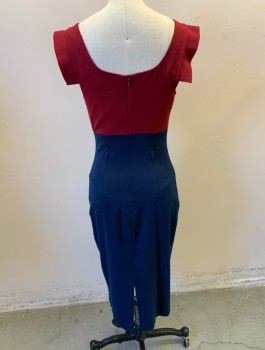 BLACK HALO, Maroon Red, Navy Blue, Polyamide, Viscose, Color Blocking, Jersey, Top is Maroon, Below Bust is Navy, Cowl-Like Asymmetric Neckline, 1" Tabs at Shoulder Straps (A Quasi Cap Sleeve), Wide Waist Yoke, Tiny Belt Loops (But No Belt), Fitted, Knee Length