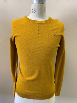 OU & FENG HANG, Ochre Brown-Yellow, Viscose, Nylon, Solid, Long Sleeves, Seed Stitch Knit, 4 Tiny Buttons, Crew Neck,