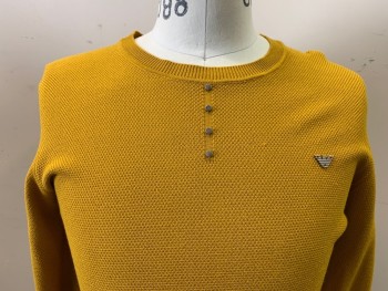 OU & FENG HANG, Ochre Brown-Yellow, Viscose, Nylon, Solid, Long Sleeves, Seed Stitch Knit, 4 Tiny Buttons, Crew Neck,