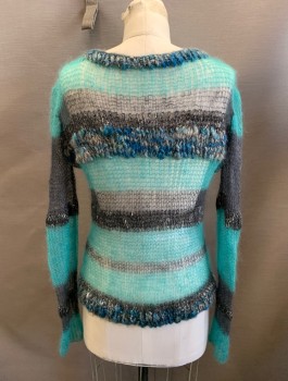 N/L, Teal Green, Charcoal Gray, Mohair, Lurex, Stripes - Horizontal , Scoop Neck, L/S, Open Knit