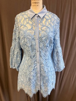 LELA ROSE , Lt Blue, Nylon, Rayon, Solid, Solid C.A., & B.F,Placket, Lace, Balloon Sleeves, Lined With Spaghetti Strap Slip