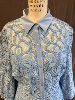 LELA ROSE , Lt Blue, Nylon, Rayon, Solid, Solid C.A., & B.F,Placket, Lace, Balloon Sleeves, Lined With Spaghetti Strap Slip