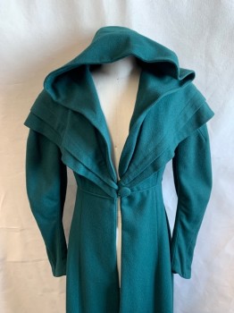 Womens, Historical Fiction Coat, NL, Forest Green, Wool, W: 26, B: 34, V-N, Single Breasted, Empire Waist, 1 Button, Cape Like Pleated Layers at Shoulders, Hooded, Seam at Waist, Small Flap at Back Waist, Pleated Back, Floor Length Gem, Early 1800s