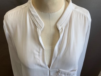 ZARA, White, Polyester, Solid, Long Sleeves, V-neck, Collar Band, 1 Pocket, Pullover,