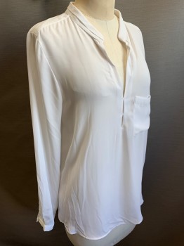 ZARA, White, Polyester, Solid, Long Sleeves, V-neck, Collar Band, 1 Pocket, Pullover,