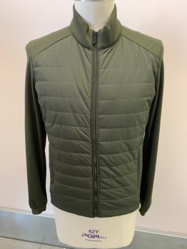 ZARA, Olive Green, Polyester, Mock Neck, Quilted Chest, 2 Pockets Zip Front,