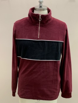 ARIZONA, Red Burgundy, Black, White, Cotton, Polyester, Color Blocking, Stand Up Collar, 1/4 Front Zip with Round Pull, Piping, Velour, Retro Inspired