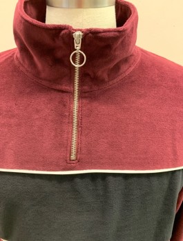ARIZONA, Red Burgundy, Black, White, Cotton, Polyester, Color Blocking, Stand Up Collar, 1/4 Front Zip with Round Pull, Piping, Velour, Retro Inspired