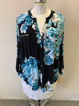 INC, Black, White, Turquoise Blue, Aqua Blue, Lt Brown, Polyester, Spandex, Floral, Long Sleeves, Ruched Cuffs, V-neck, Pullover, 2 Faux Zipper Pockets