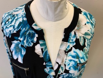 INC, Black, White, Turquoise Blue, Aqua Blue, Lt Brown, Polyester, Spandex, Floral, Long Sleeves, Ruched Cuffs, V-neck, Pullover, 2 Faux Zipper Pockets