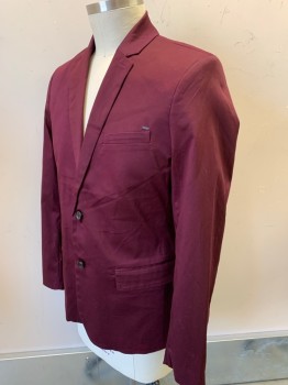 GUESS, Red Burgundy, Cotton, Spandex, Solid, Single Breasted, Notched Lapel, 2 Buttons, Slim Fit, 3 Pockets, Polka Dotted Lining