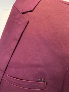 GUESS, Red Burgundy, Cotton, Spandex, Solid, Single Breasted, Notched Lapel, 2 Buttons, Slim Fit, 3 Pockets, Polka Dotted Lining