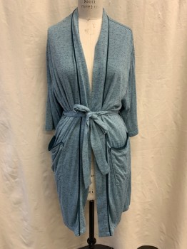 Womens, SPA Robe, NO LABEL, Dusty Blue, Black, Cotton, Nylon, 2 Color Weave, OS, 2 Piece with Matching Belt, Open Front, Gathered at Back, Deep Teal Green Trim