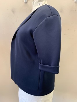 NEIMAN MARCUS, Navy Blue, Polyester, Solid, Neoprene Texture, No Closures, Short Cuffed Sleeves, Half Lapel, Novel Back Seaming