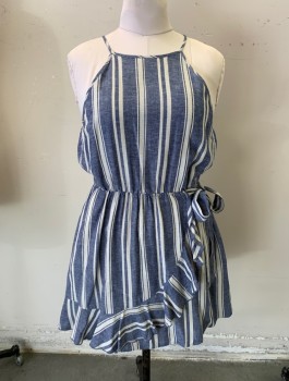 SPEECHLESS, Denim Blue, Beige, Rayon, Linen, Stripes, Chambray, Button Loop Closure, Keyhole Back, Asymmetrical Ruffle Apron with Tie