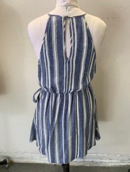SPEECHLESS, Denim Blue, Beige, Rayon, Linen, Stripes, Chambray, Button Loop Closure, Keyhole Back, Asymmetrical Ruffle Apron with Tie