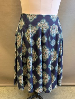 ANN TAYLOR, Navy Blue, Ecru, Baby Blue, Lt Pink, Polyester, Medallion Pattern, 3" Wide Waistband/Yoke, A-Line With Vertical Panels, Invisible Zipper At Side