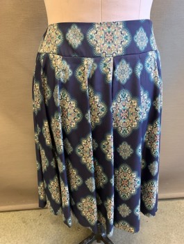 ANN TAYLOR, Navy Blue, Ecru, Baby Blue, Lt Pink, Polyester, Medallion Pattern, 3" Wide Waistband/Yoke, A-Line With Vertical Panels, Invisible Zipper At Side