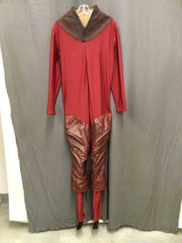 Mens, Jumpsuit, Dk Red, Dk Brown, Spandex, Leather, 40, Long Sleeves, Invisible Zipper Front, Textured Cross Over Collar, Leather Thighs with Boning