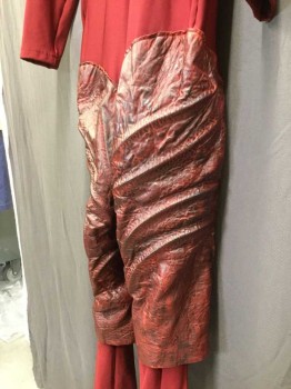 Mens, Jumpsuit, Dk Red, Dk Brown, Spandex, Leather, 40, Long Sleeves, Invisible Zipper Front, Textured Cross Over Collar, Leather Thighs with Boning