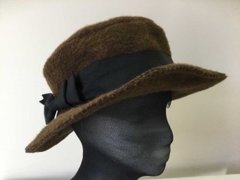 Womens, Hat 1890s-1910s, MTO, Brown, Black, Wool, Solid, Brow Fuzzy Wool Hat, Wide Black Grosgrain Ribbon Band with Side Bow,